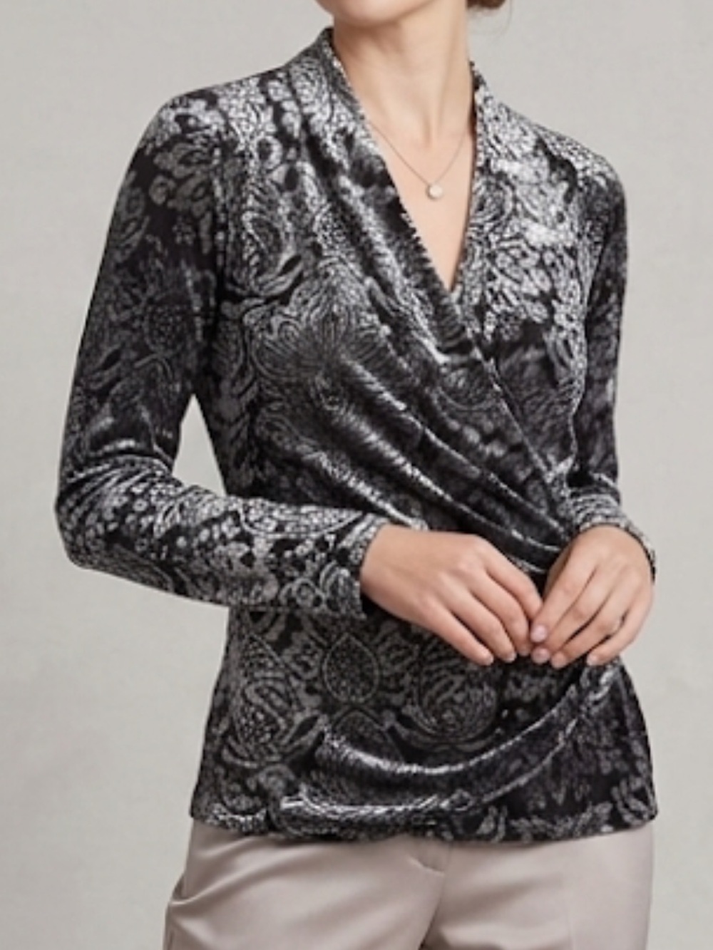 Karen Kane Burnout Velvet Paisley Sheer Faux Wrap Top Size L Dressy Whimsigoth